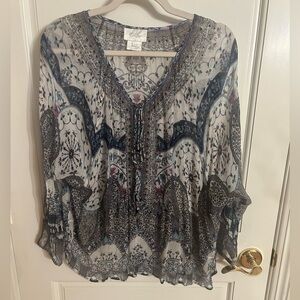 Camilla Sheer Flower Print Blouse With Tie Closure with Charms and Crystals
